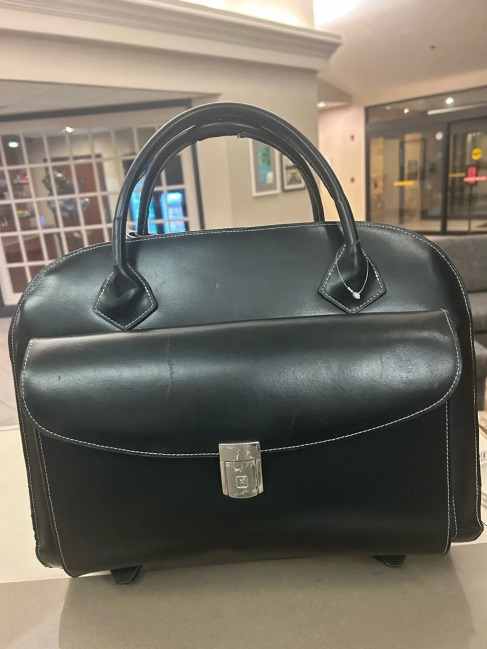 Brief Bag Structured Black Leather Top-Handle Brief Bag Rollers Extremely Nice!
